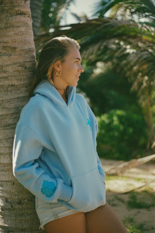 pink palm puff hoodie blue